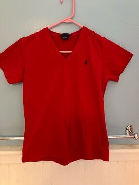 Ralph Lauren Red V-Neck Tee with Navy Polo Pony